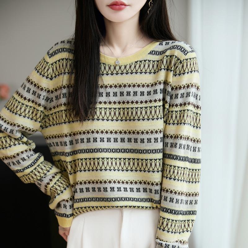 

Свитер с круглым вырезом на раннюю осень, тонкий вязаный свитер, женский, весенне-осенний новый стиль, многоцветная базовая рубашка XL жёлтый