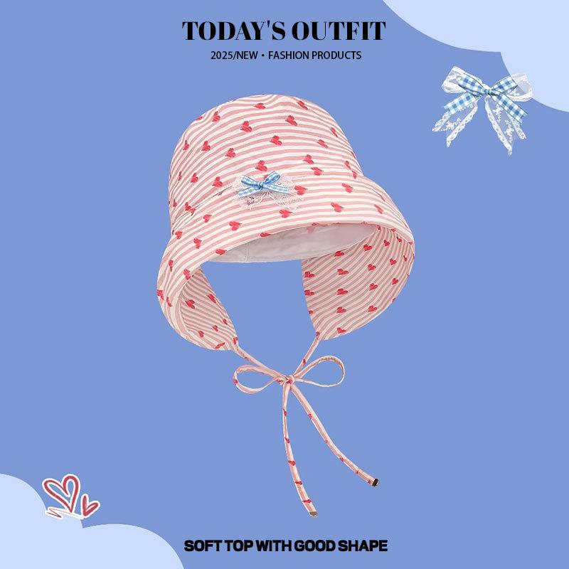 New Sweet Love Striped Fisherman Hat for Women In Spring and Summer Shopping Japanese Sweet and Versatile Face Showing Little Bee Lied Fisherman Hat