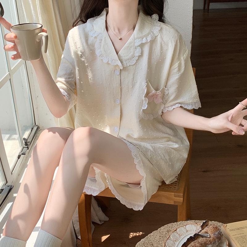 

Студенческий Милый Летний Маленький Свежий и Сладкий Принцессный Стиль Кардиган с Короткими Рукавами Пижама Женский Домашний Костюм M