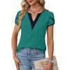 Women's Color Block V Neck Petal Short Sleeve Blouse Elegant Casual Tunic Top Shirts