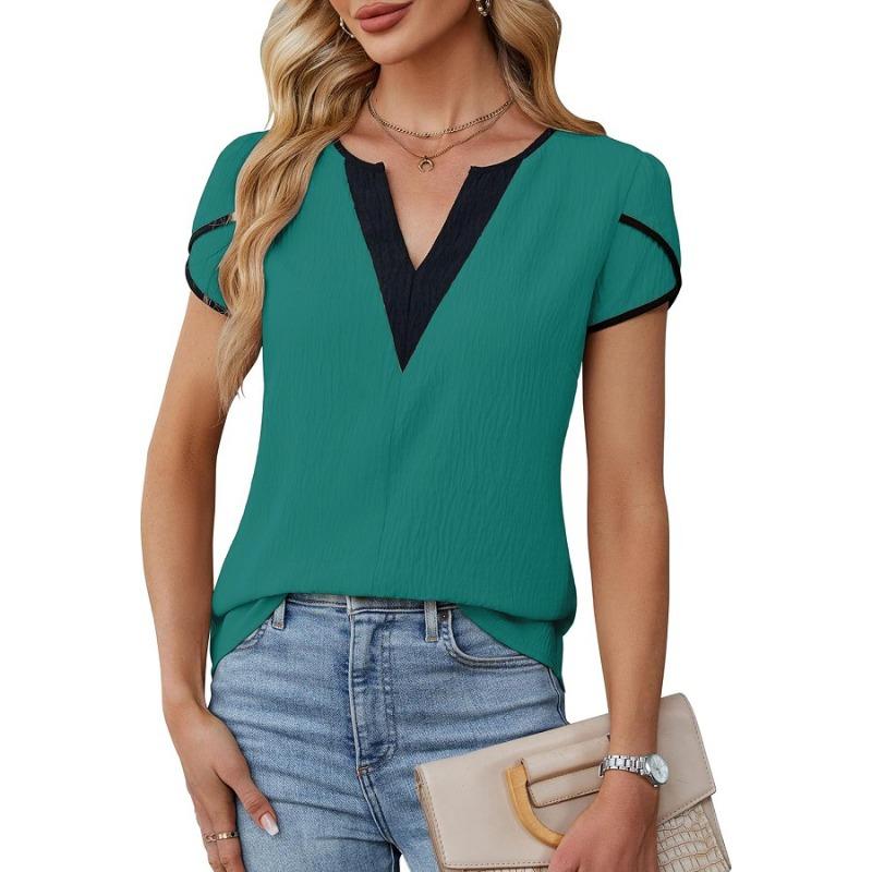 Women's Color Block V Neck Petal Short Sleeve Blouse Elegant Casual Tunic Top Shirts