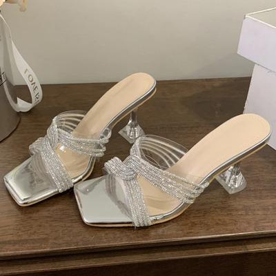Summer Sexy PVC Transparent Open Toe Crystal Narrow Band Slippers Women Banquet Low Heels Shoes Mujer