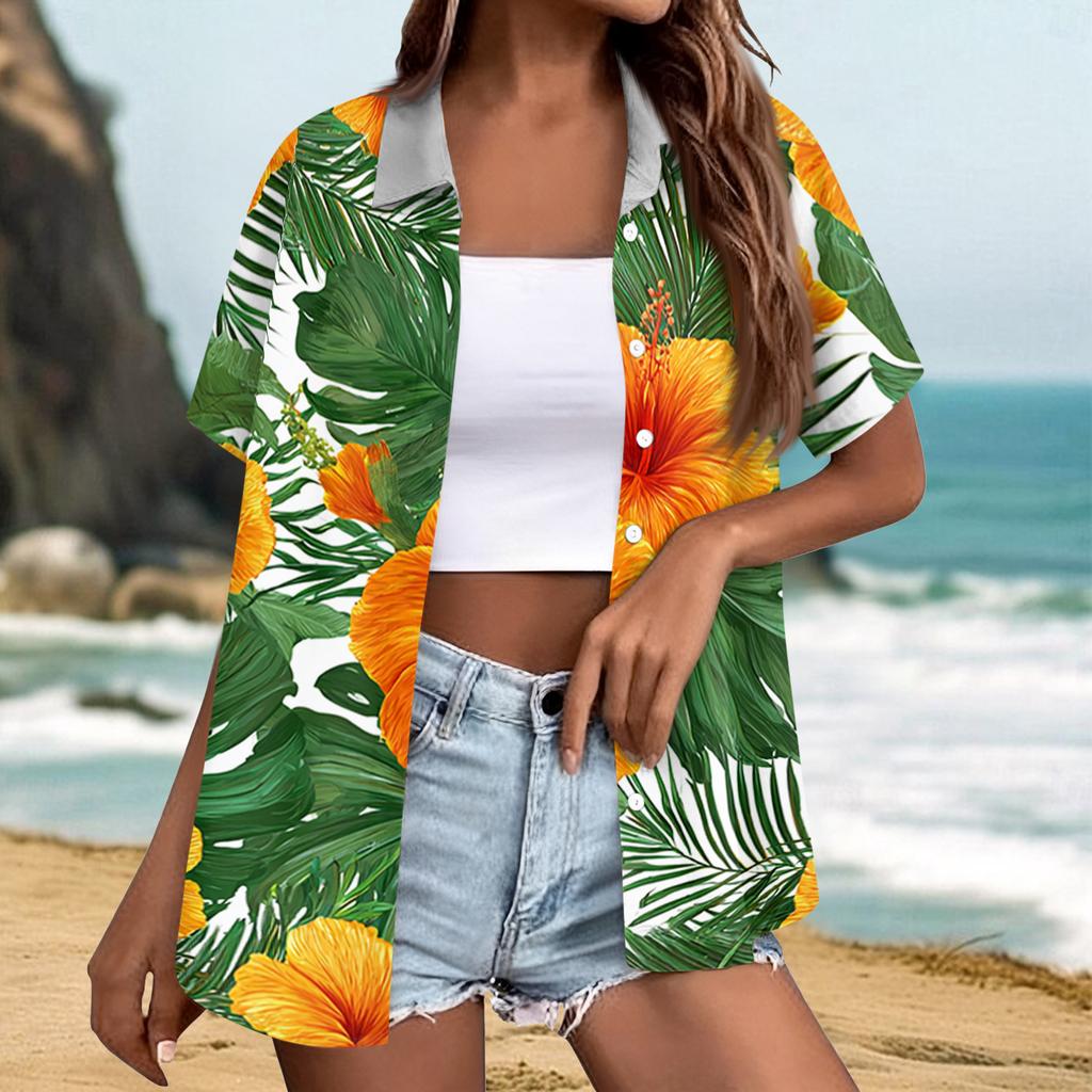 Women's fashionable casual Hawaiian print short-sleeved button-down collar shirt top