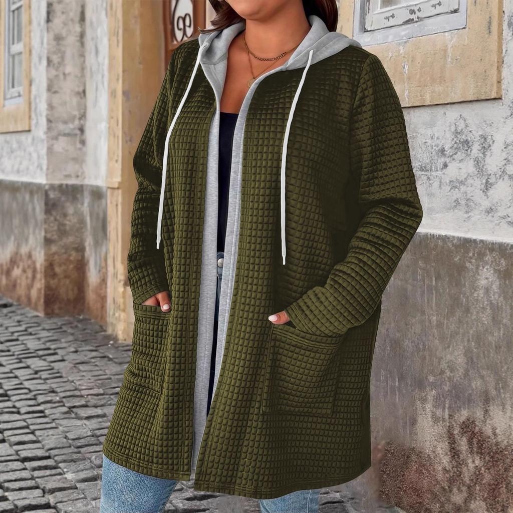 Plus Size Fake Two-Piece Hooded Cardigan with Pockets & Drawstring Long Chic Fall/Winter Women's Coat
