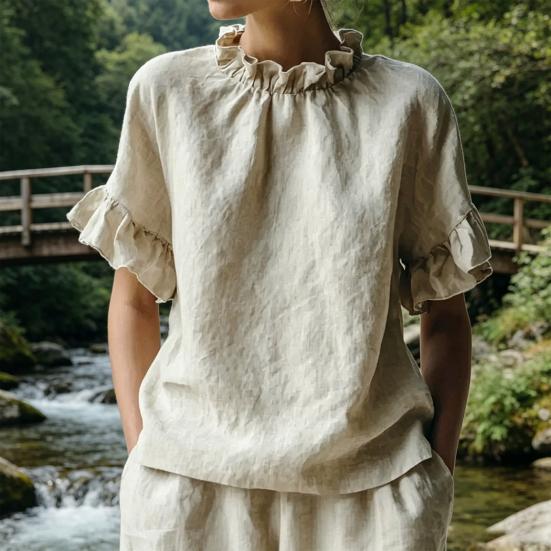 Damen Oberteile Einfarbige Lockere Passform Sommerbluse Rundhalsausschnitt Kurze Ärmel Rüschen-Patchwork-Design Pullover Oberteile Tägliche Kleidung
