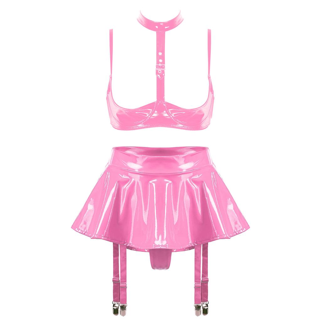 Women Shiny Leather Lingerie Set Cupless Bra Top with Ruffle Built-in Thongs Garter Mini Skirt for Party Clubwear Sexy Outfits