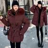 Large Fur Collar Belt Down Cotton Jacket for Women Winter Waist Belt Slimming Thick Sweet Coat