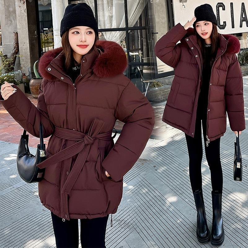 Large Fur Collar Belt Down Cotton Jacket for Women Winter Waist Belt Slimming Thick Sweet Coat