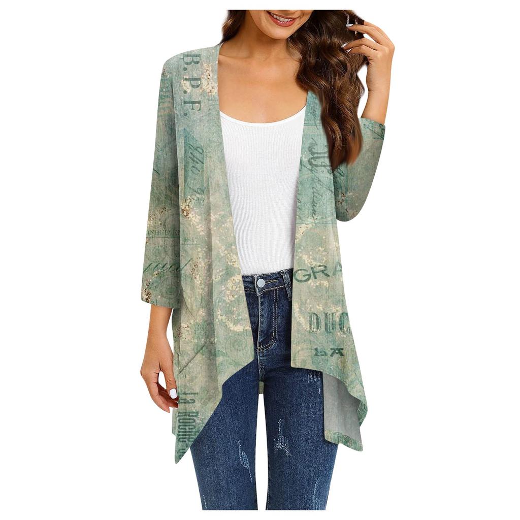 Dámský lehký a tenký kabát s potištěným kardiganem s nepravidelným 3/4 rukávem a kabátem do kapsy