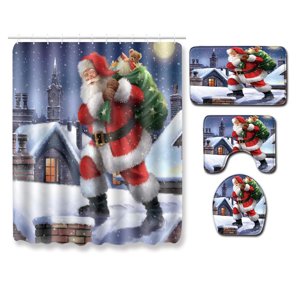 Christmas Shower Curtain Floor Mat Combination Four-Piece Set Bathroom Toilet Carpet Shower Room Mat Foot Mat