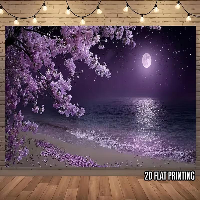 Dreamy Purple Moonlit Ocean Tapestry, Sakura and Sea Reflection 47.2x31.5inch/120*80cm