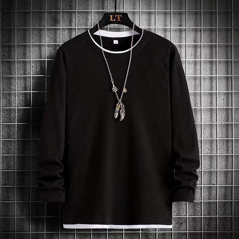 Sweater Men's Waffle Fake Two Long-sleeved Spring and Autumn Loose Top, Wearing a Bottoming Shirt Outside and a New Casual T-shirt Inside.