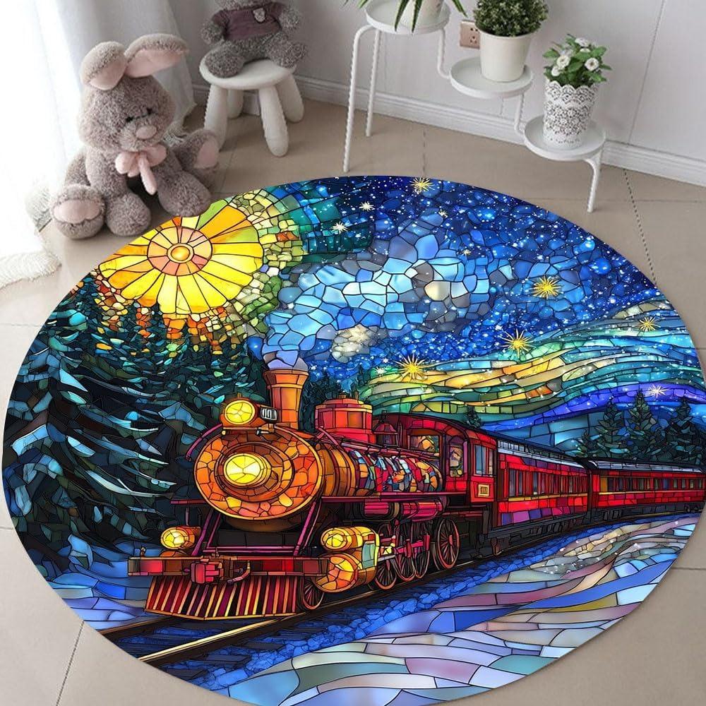 Colorful Mosaic Design Train Pattern Round Carpet Steam Train Fantasy Starry Sky Floor Decor Rug Absorbent and Non-slip Mat