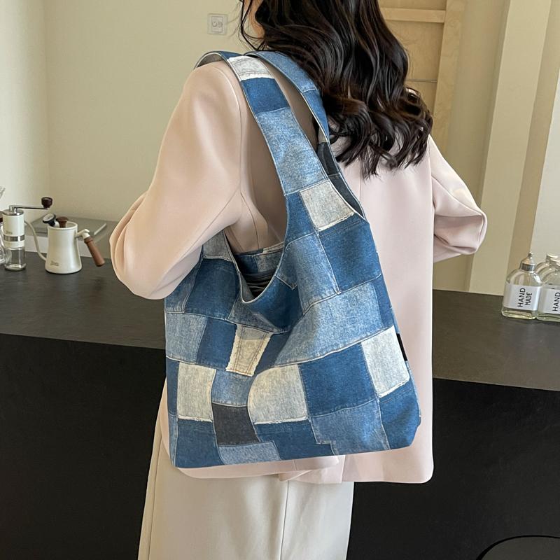 Block Color Tote Bag Women's Large Capacity Student Class Bag Simple Crossbody Portable Underarm Bag