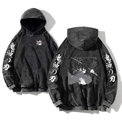 Anime Demon Slayer Tomioka Giyuu Graphic Hooded Men Women Vintage Washed Hoodies Cotton Sweatshirt Harajuku Manga Streetwear