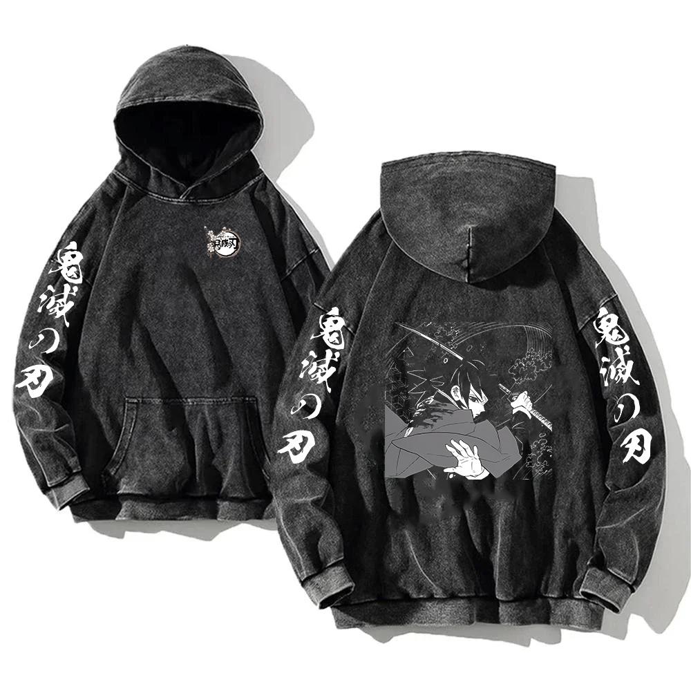 Anime Demon Slayer Tomioka Giyuu Graphic Hooded Men Women Vintage Washed Hoodies Cotton Sweatshirt Harajuku Manga Streetwear