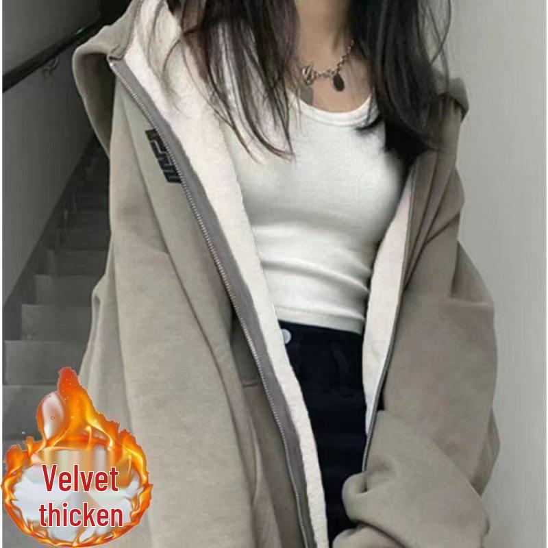 Women's Oversized Fleece-Lined Hooded Coat - Autumn/Winter 2023 Zipper Cardigan