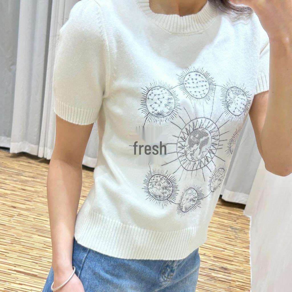 Women's White Embroidered Round Neck Pullover Sweater - Elegant 2025 Knitted Top