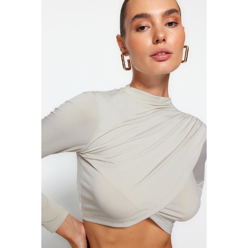 Bluză neagră drapeată cu guler înalt Twoaw24bz00164