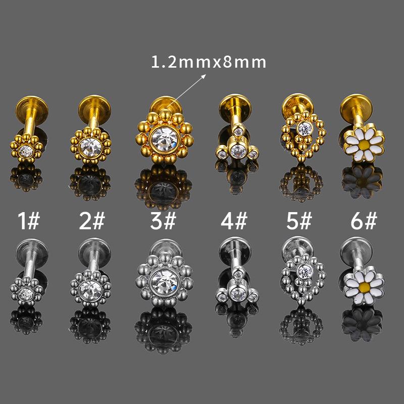 316L Stainless Steel Zirconia Flower Lip Stud Earring Piercing Jewelry
