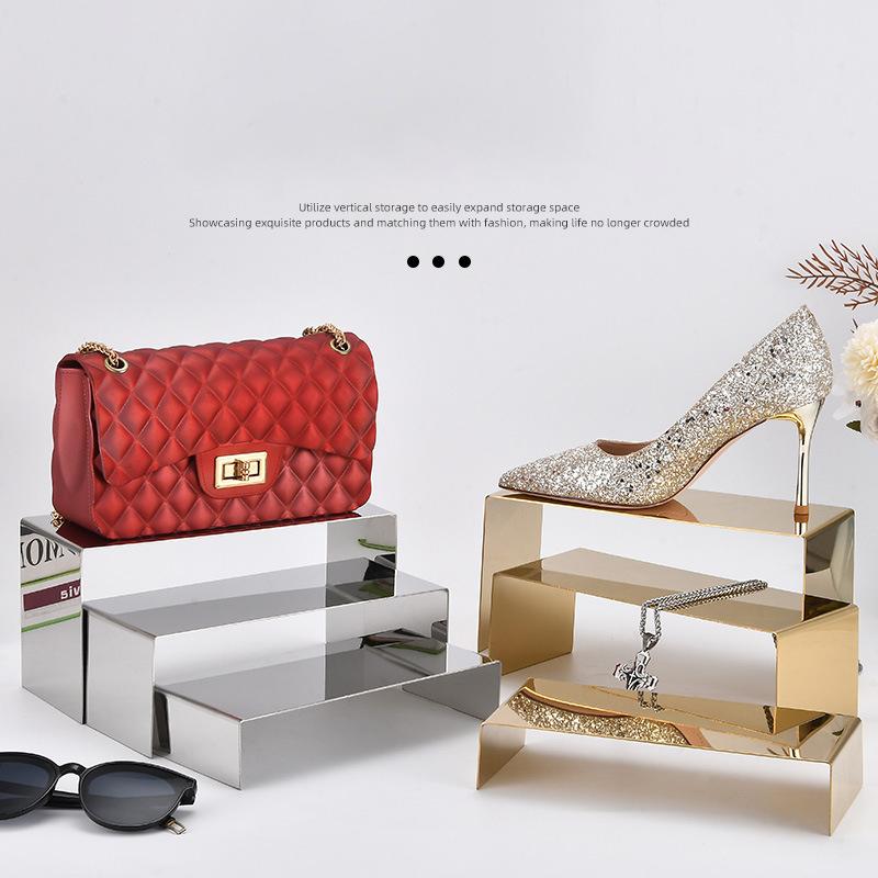 Metal Shoe Handbag Display Riser Stand Stainless Steel Shoe Bag Riser Holder Jewelry Display Riser Shelf Showcase Fixtures