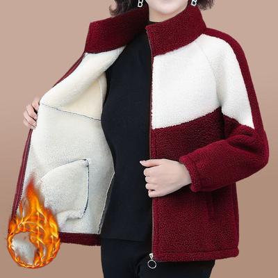 Stylish Thickened Fleece Lined Wool Cotton Coat for Middle Aged Elderly Women Autumn Winter Warm Cotton Jacket Crew Neck