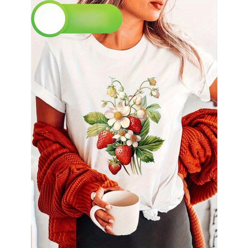 European Size Summer Flower Strawberries Print T-Shirt, Short Sleeve Crew Neck Casual Top for Summer& Spring, Women'S Clothing
