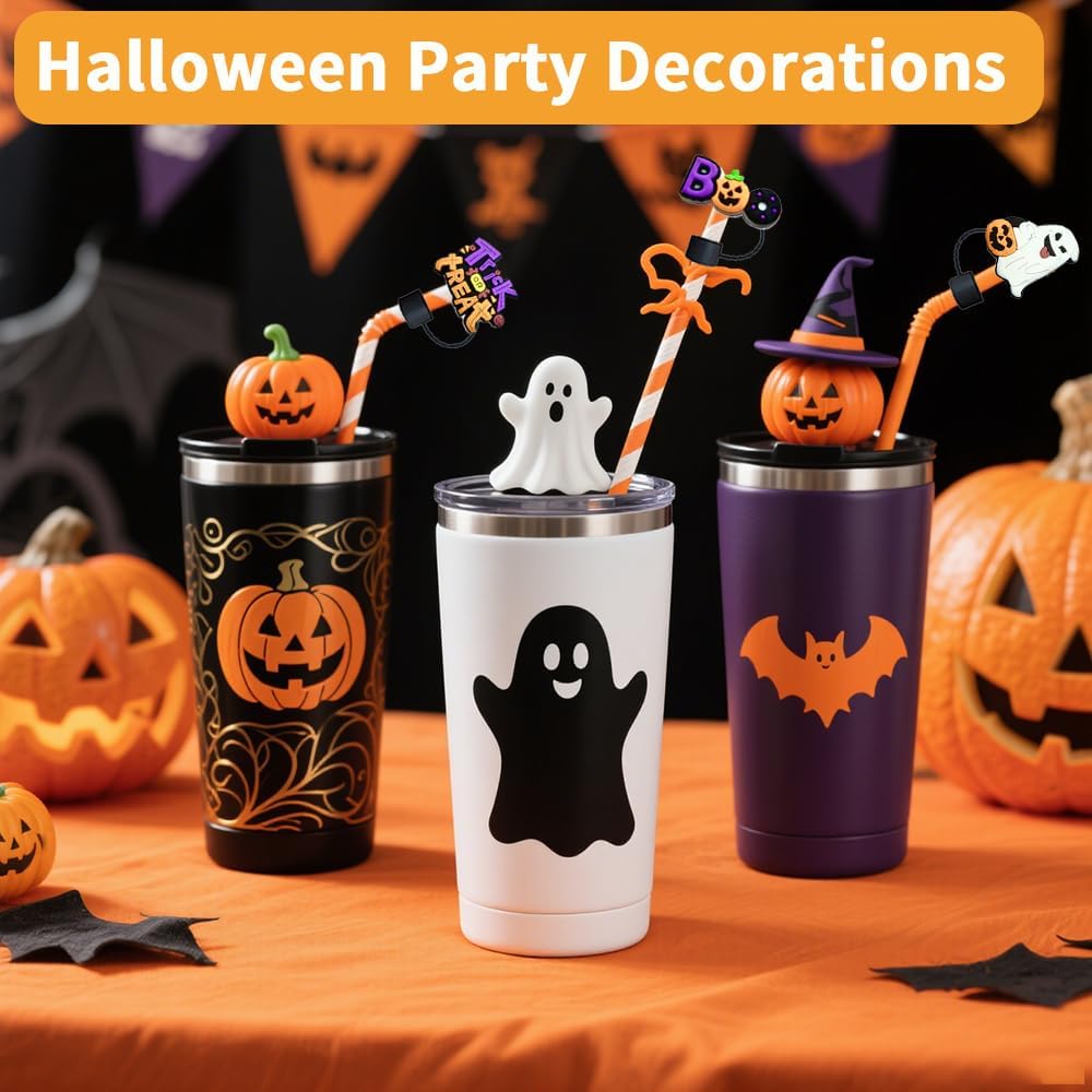 Cute Silicone Straw Cover Caps for Halloween Pumpkin Ghost Patterns Straw Toppers Compatible with 30 and 40oz Tumblers Reusable Straws Protectors for