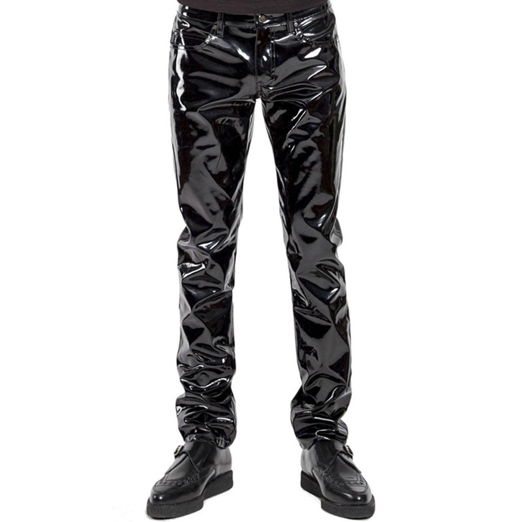Pantalon Homme Aspect Mouillé Brillant Cuir Verni Taille Moyenne Jambe Droite Pantalon de Performance de Scène de Boîte de Nuit