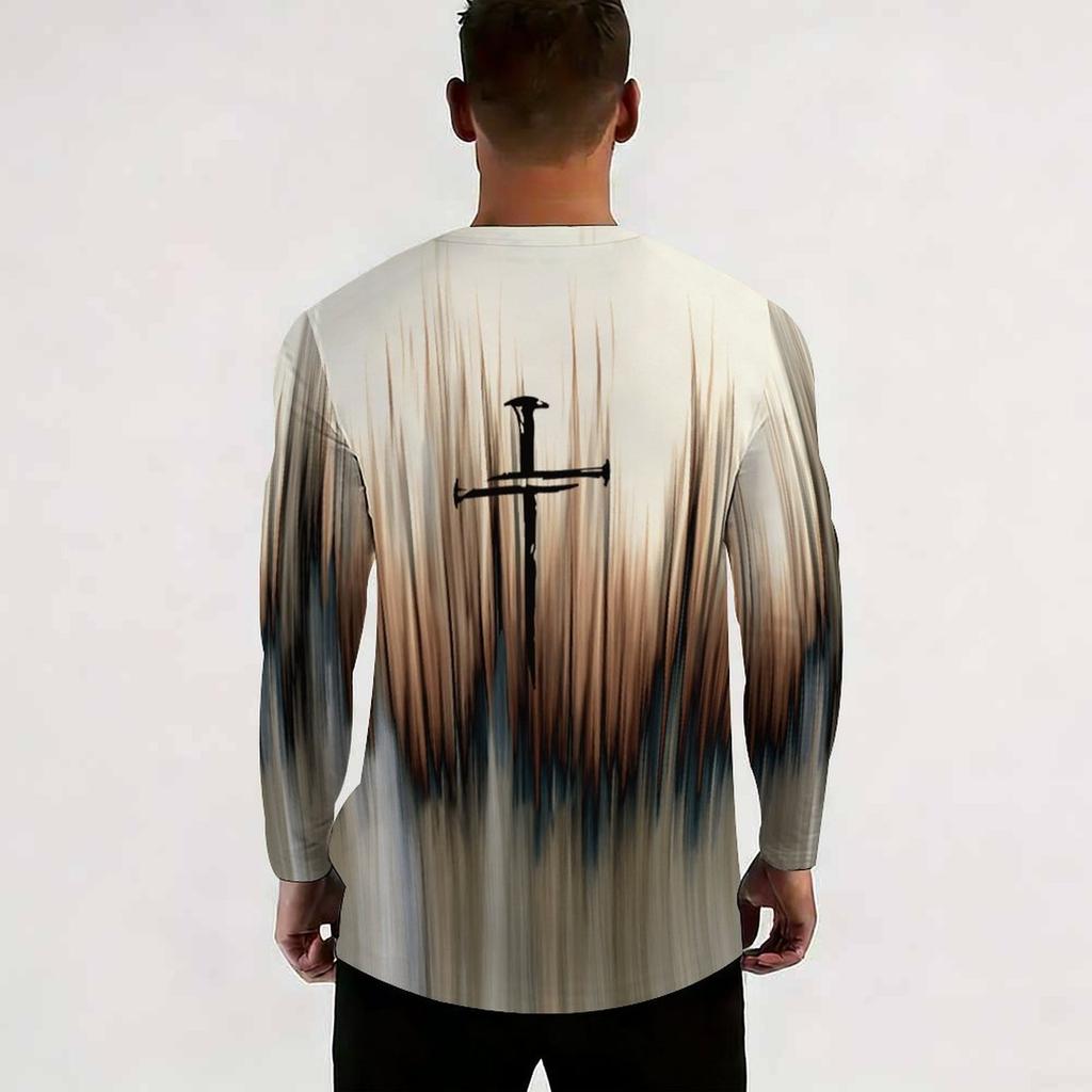 Men Gradient Color Crew Neck Long Sleeve T Shirt Faith Letter Print Casual Daily Wear Top For Spring Autumn