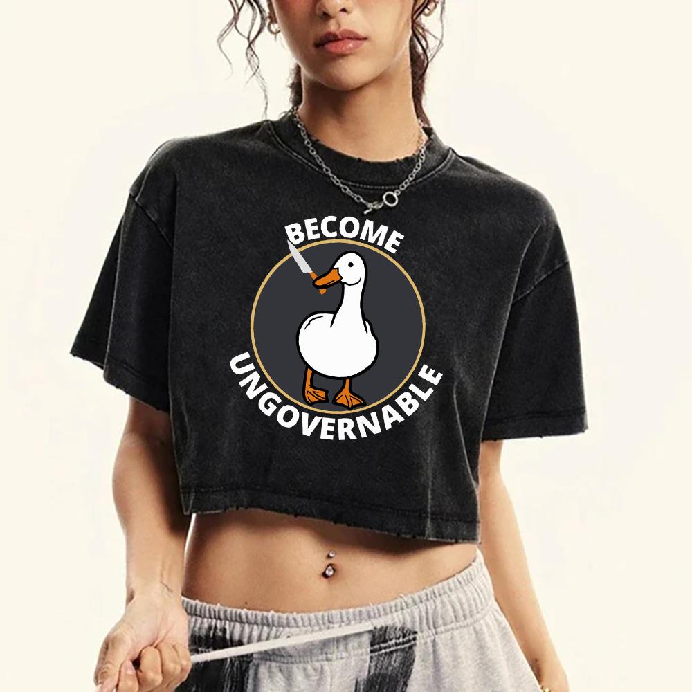 Die kleine Ente, die ein Messer hält, Drucke Damen Washed T-Shirt Fitness Y2K Kleidung Street Casual T-Shirts Baumwoll-T-Shirt