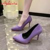 Móda Aphixta 3,54 palcové fialové vysoké stiletto podpatky lodičky dámské jednobarevné kancelářské semišové špičaté společenské boty červená podrážka velká velikost 49 50