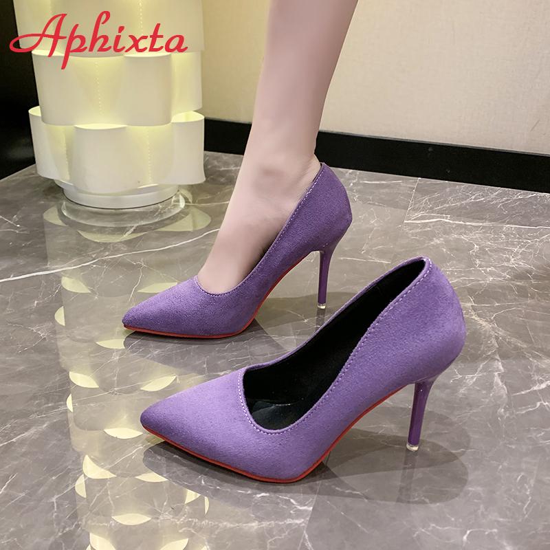 Móda Aphixta 3,54 palcové fialové vysoké stiletto podpatky lodičky dámské jednobarevné kancelářské semišové špičaté společenské boty červená podrážka velká velikost 49 50