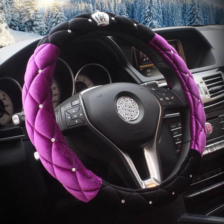 Winter Car Steering Wheel Cover Diamond Crystal Crown Plush Fur Steering-Wheel Cases Auto Interior Accessories For Women Girls