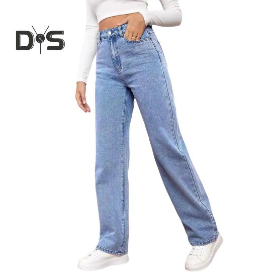 

Женские прямые расклешенные джинсы с высокой талией, застегивающиеся на молнию, однотонные джинсовые брюки с карманами для повседневной носки, школьные поездки на работу S небесно-голубой
