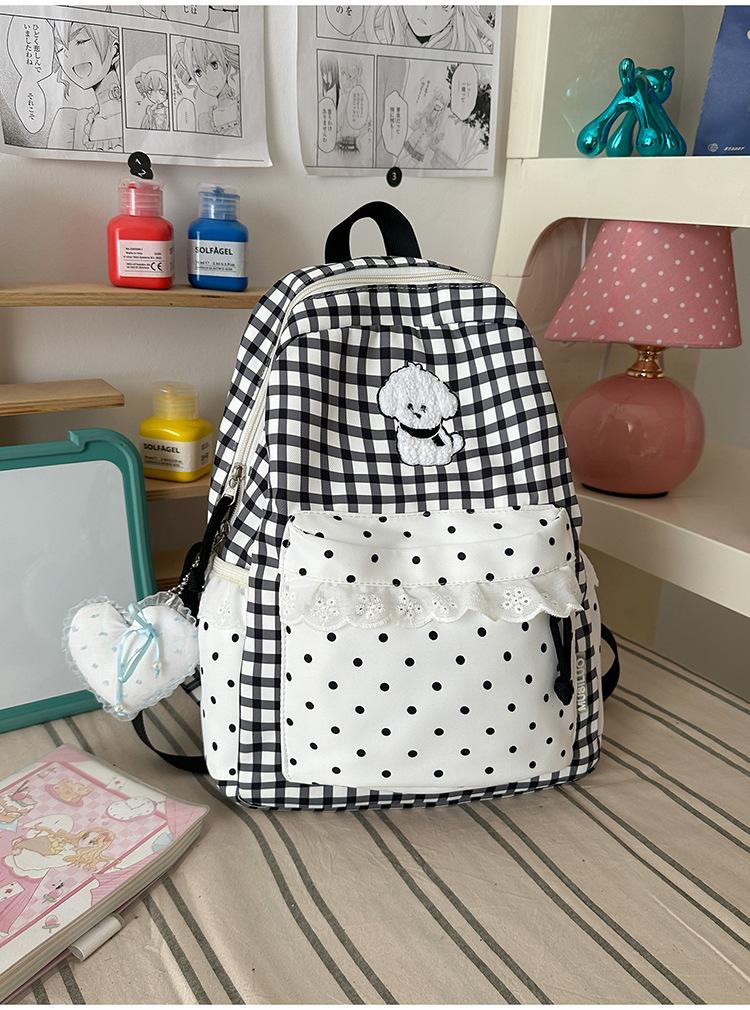 Schoolbag summer fresh blue and white grid small polka dot backpack soft cute puppy embroidery sweet age-reducing student party travel small backpack