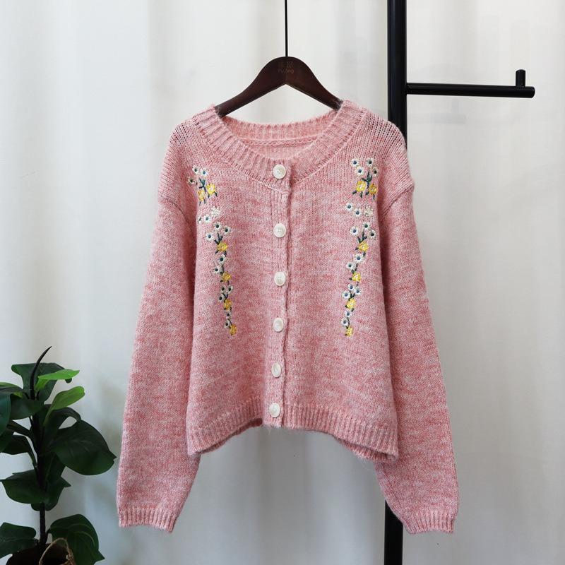 Autumn and Winter New Sweet Age-reducing Crew Neck Embroidered Knitted Cardigan Soft Waxy Sweater Jacket Women