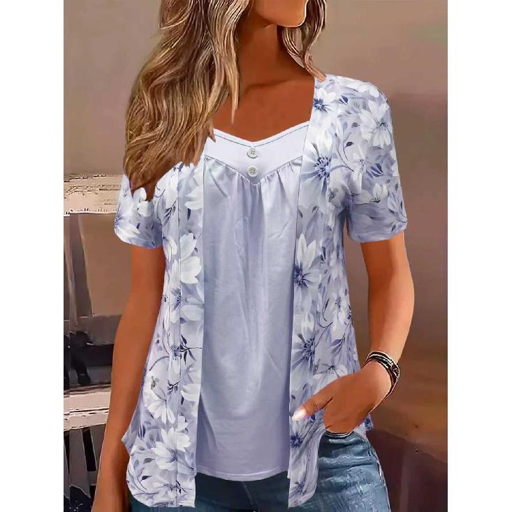 2026 Spring/Summer New Women s Fashion Fake Two-Piece Short-Sleeve Printed Button T-Shirt XL синий