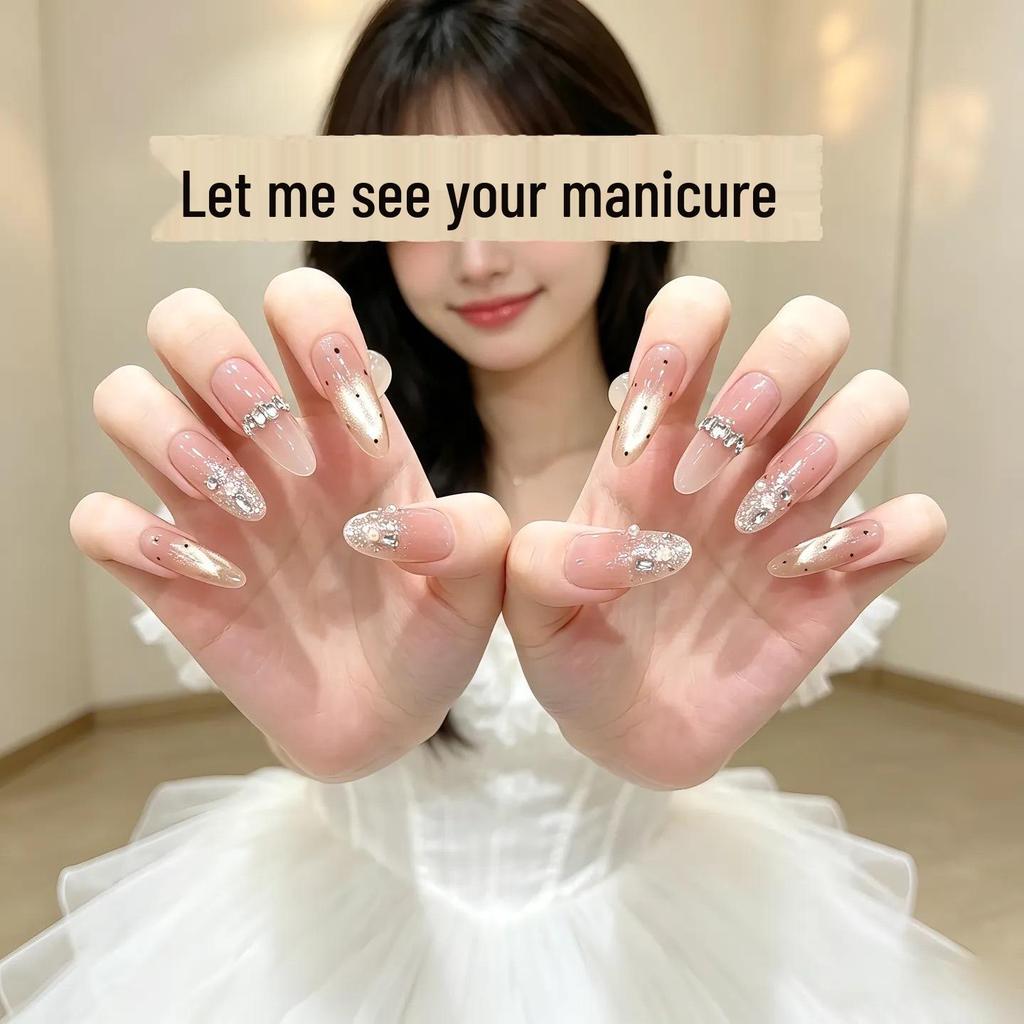 French Cat Eye Polka Dot Rhinestone Press-on Nails – Sparkling Retro Manicure with High-End Feel