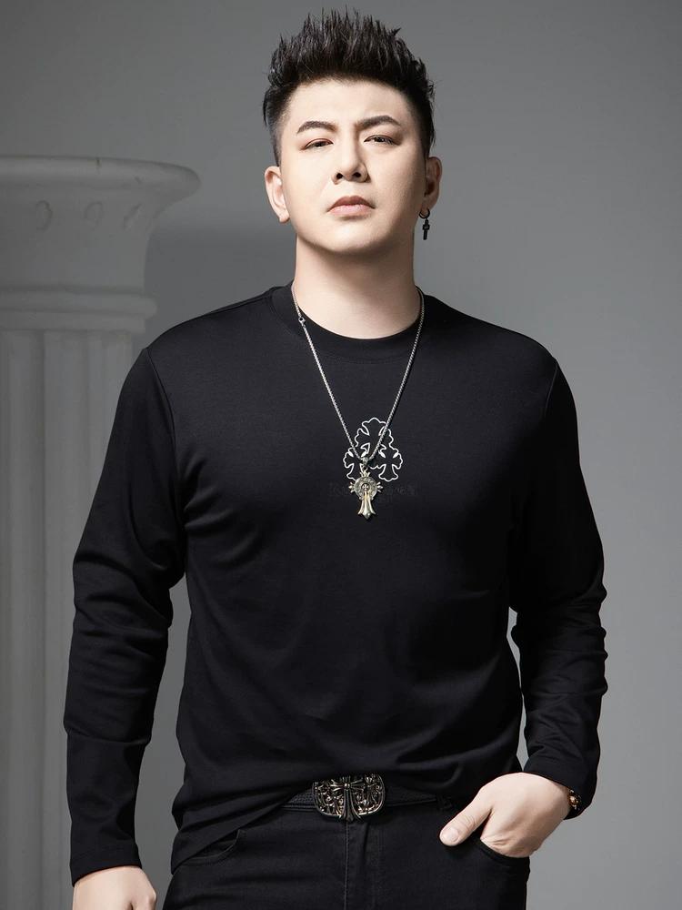 

European Style Trendy Printed Long-Sleeve T-Shirt for Men, 2025 Autumn New Fashion Brand Round Neck Base Shirt Men s Top L чёрный