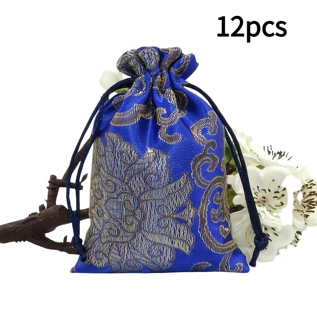 12pcs Traditional Chinese Jewelry Pouches with Drawstring-Multi-Layer Portable Brocade Bags for Beads&Bracelets,Decorative Pouch