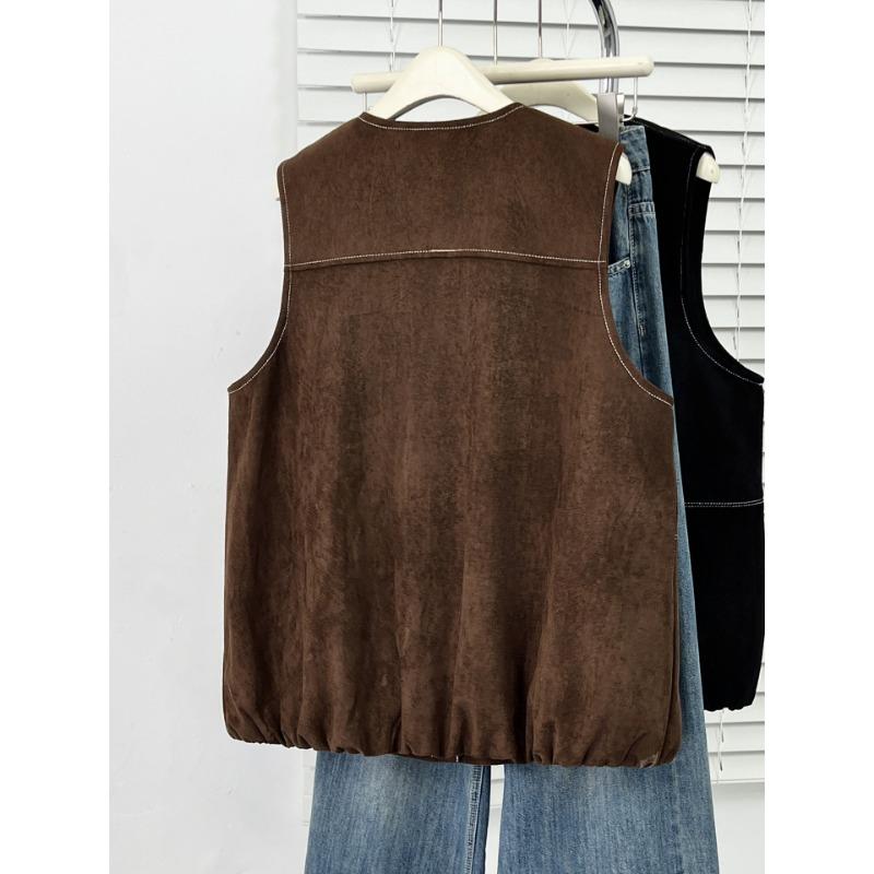 Women Plus Size Contrast Stitch Suede Sleeveless Casual Vest Outerwear