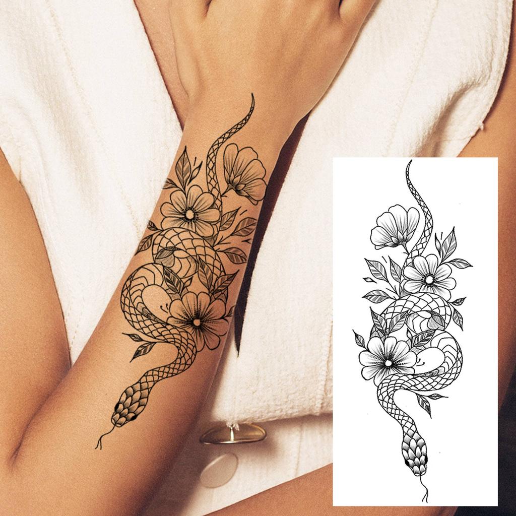 1 Sheet Flower Snake Temporary Tattoos For Women Girls Black Peony Rose Flora Sexy Tattoo Sticker Waterproof Self Adhesive Arm