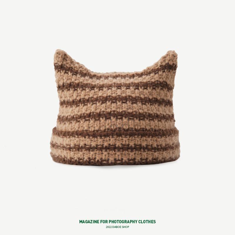 Abbey wind cat ears hat women's autumn and winter yk striped knitted hat cute warm pullover wool hat
