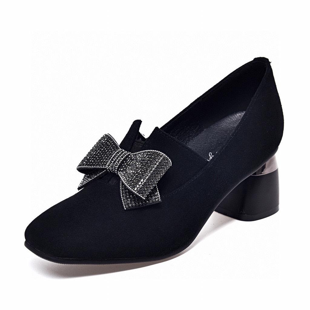 Women's single shoes spring new black bow high heels sheepskin low-top shoes women's shoes round head