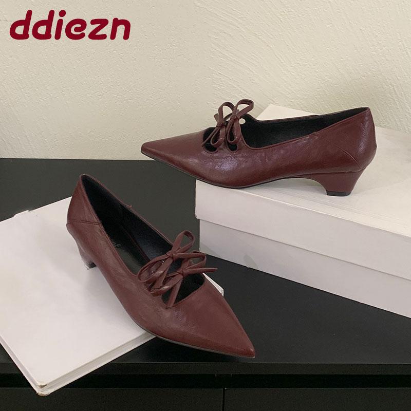 Fashion Footwear Pointed Toe Women Heel Pumps Shoes 2025 New  Luxury Female Shallow Fashion Butterfly-Knot Ladies Low Heel Slip On Shoes