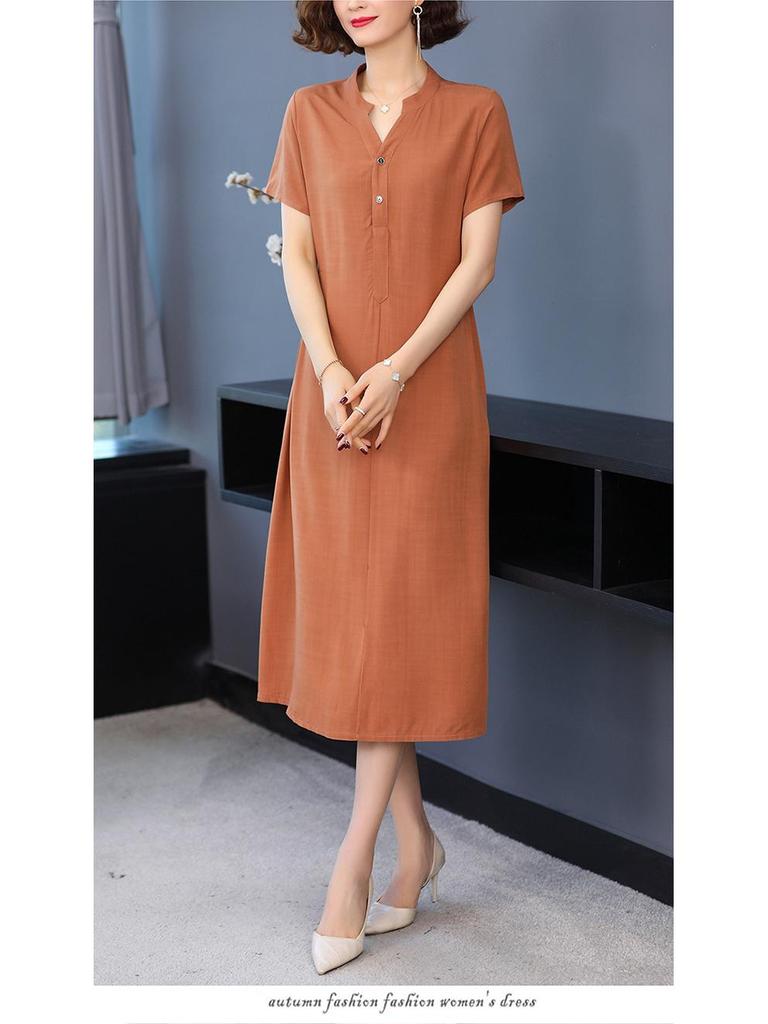 Women's Summer Over-the-Knee Loose Solid Color Dress in Cotton and Rayon