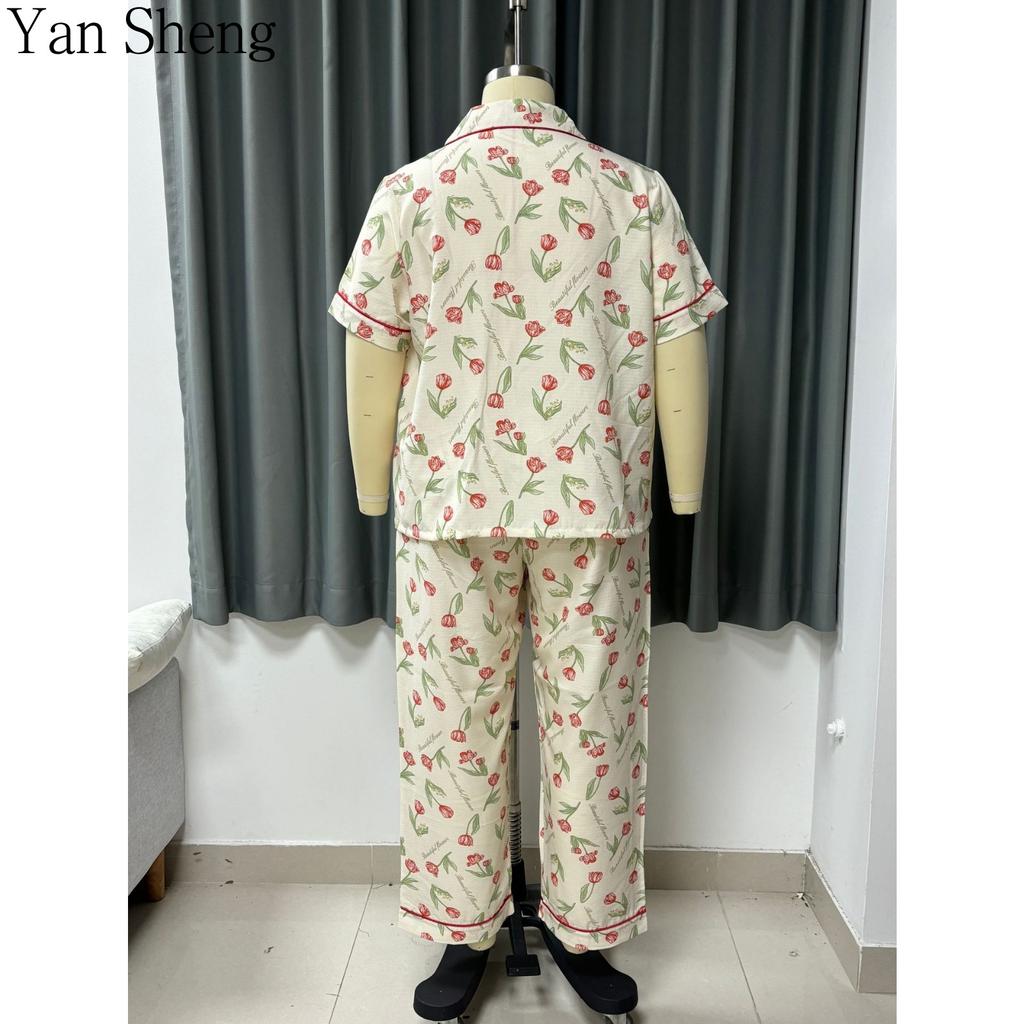 Kadın Pijama Takımı Büyük Beden Yazlık İnce Kısa Kollu Kabarcıklı Kırışık Baskılı Sevimli Nefes Alabilen Ev Giyimi Uyku İçin