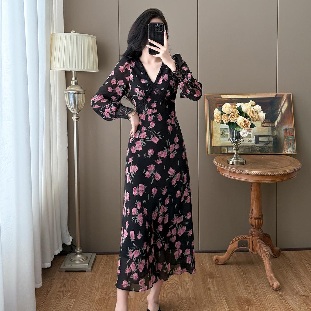 High-quality New Spring Chiffon Plus-size Floral V-neck French Print Elegant Long Drawstring High-waisted Dress