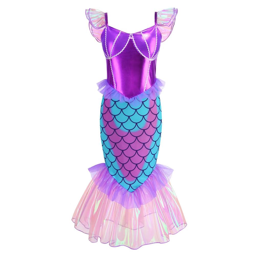 New Mermaid Dress For Girls Halloween Party Girl Cosplay Purple Ariel Mermaid Dress + Accessories Set 3-10 Years